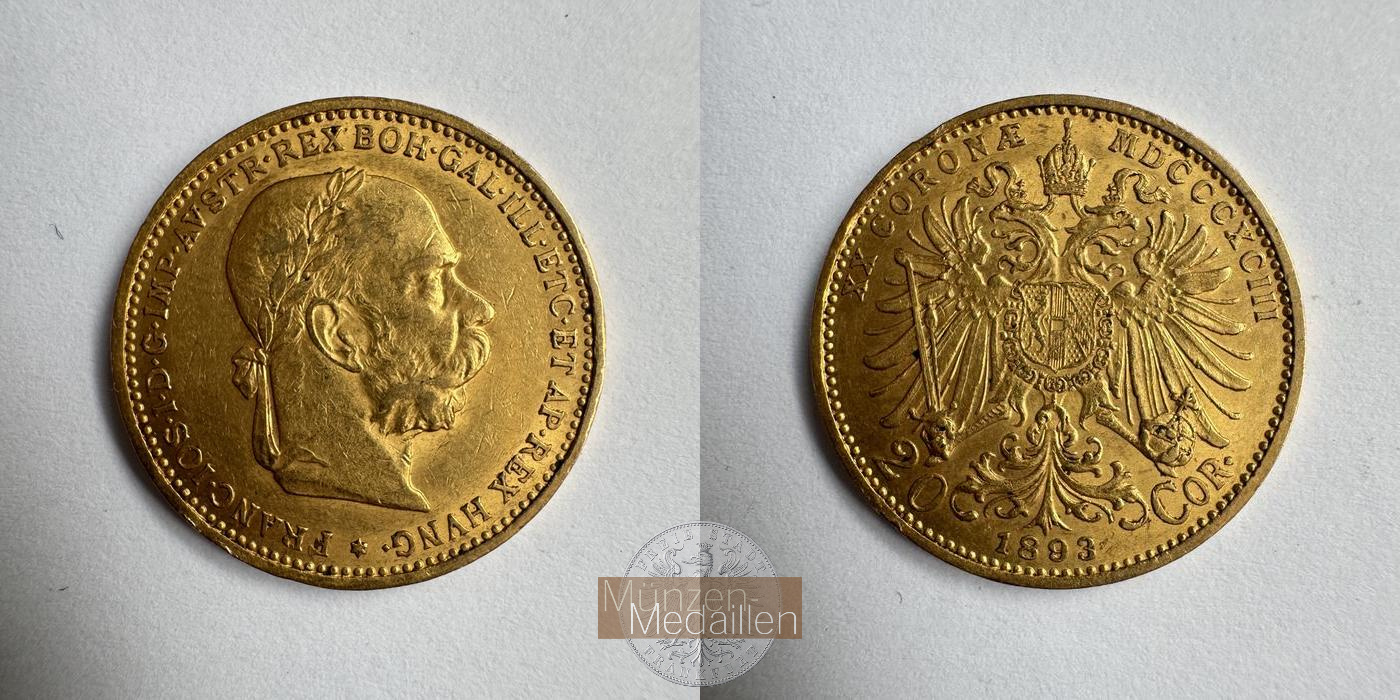 Österreich, Franz Joseph I MM-Frankfurt KM#2806 Feingold: 6,10g 20 Kronen (1892-1905) 1893 