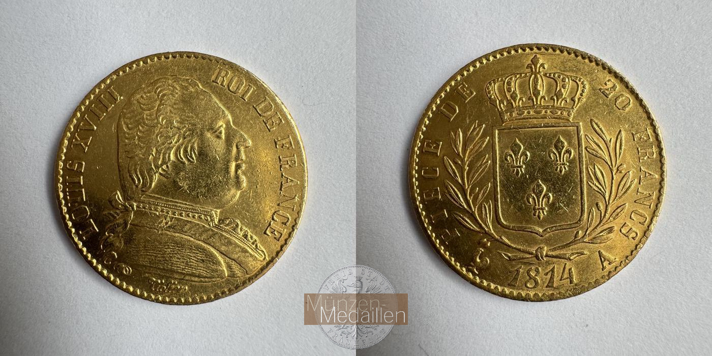  Frankreich 20 Francs Louis XVIII  1814 'A' mit Hahn (1814-15) MM-Frankfurt KM#706 Feingold: 5,8g   