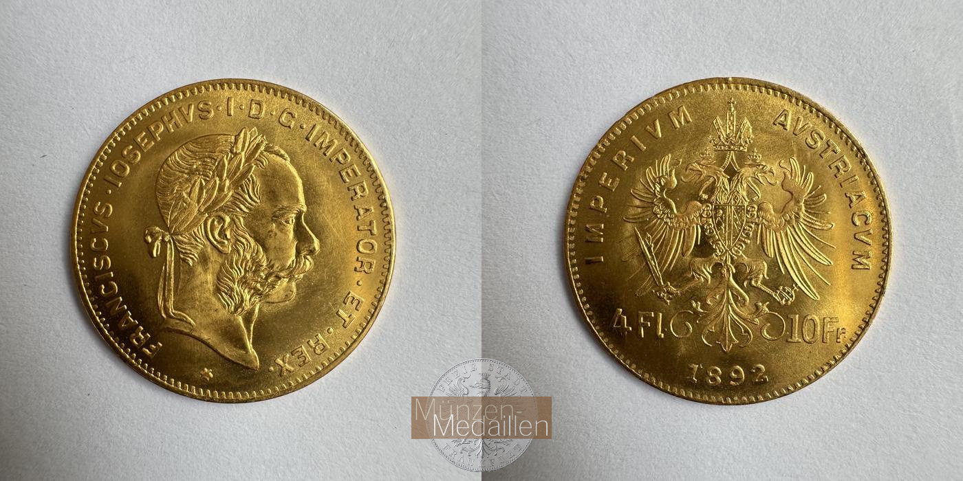  Kaisertum Österreich 4 Fl/ 10 Francs Francis Joseph I 1892 MM-Frankfurt KM#2260 Feingold: 2,903g   
