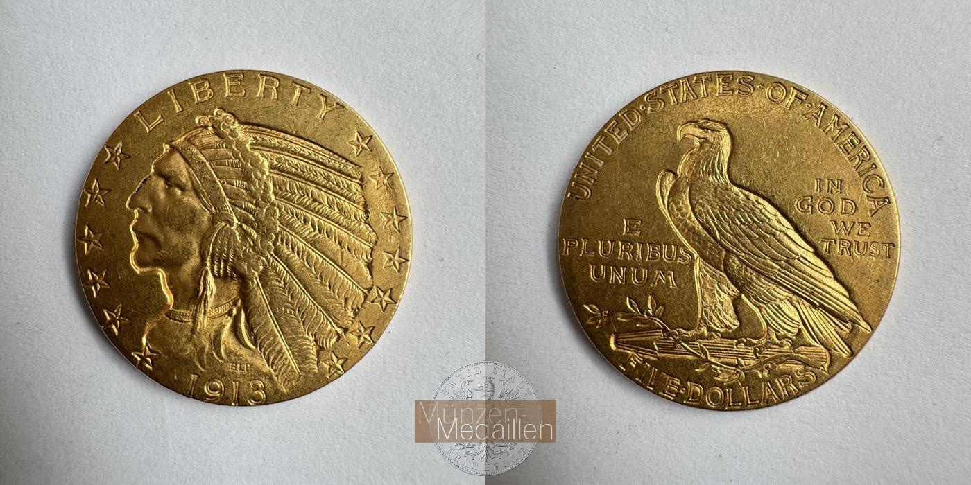  USA 5 Dollars (Indian Head) 1913 (1908-1929) MM-Frankfurt KM#129 Feingold: 7,524g   