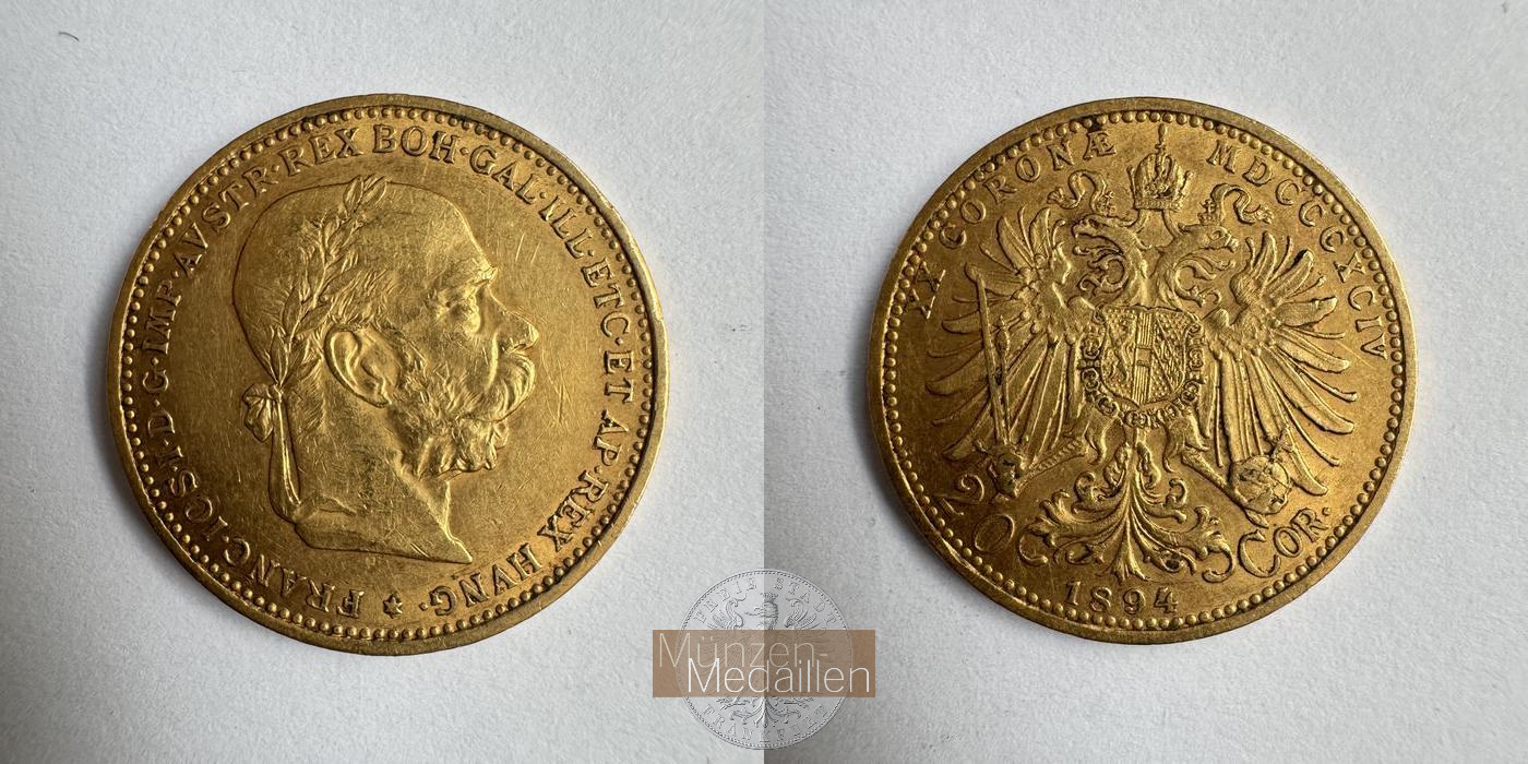 Österreich, Franz Joseph I MM-Frankfurt KM#2806 Feingold: 6,10g 20 Kronen (1892-1905) 1894 