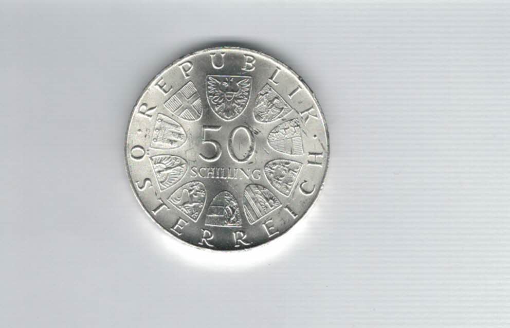  50 Schilling 1973 Bummerlhaus in Steyr 500 Jahre Ag/18g fein Österreich Spittalgold9800 (4584/14)   