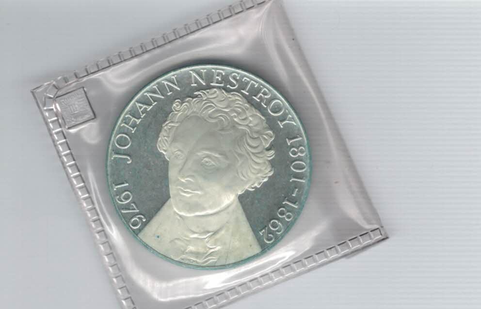  100 Schilling 1976 Johann Nestroy 15,36g fein Ag Österreich Spittalgold9800 (01914/13)   