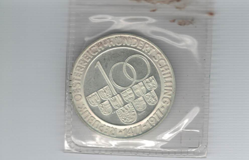  100 Schilling 1977 500 Jahre Münzstätte Hall/Tirol 15,36g fei Ag Österreich Spittalgold9800 01914/16   