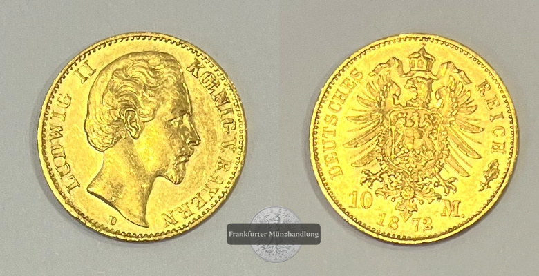 Bayern, Kaiserreich  10 Mark MM-Frankfurt KM#898 Feingold: 3,58g Ludwig II 1872 D 