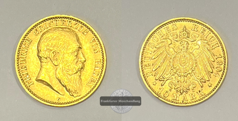 Baden, Königreich  10 Mark MM-Frankfurt  Feingewicht: 3,58g Gold Grosherzog Friedrich I. 1852-1907 1904 G 