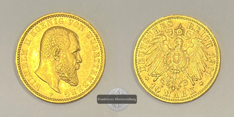 Deutsches Kaiserreich. Wuerttemberg MM-Frankfurt Feingold: 3,58g Wilhelm II. 1891-1918. 10 Mark 1901 F 