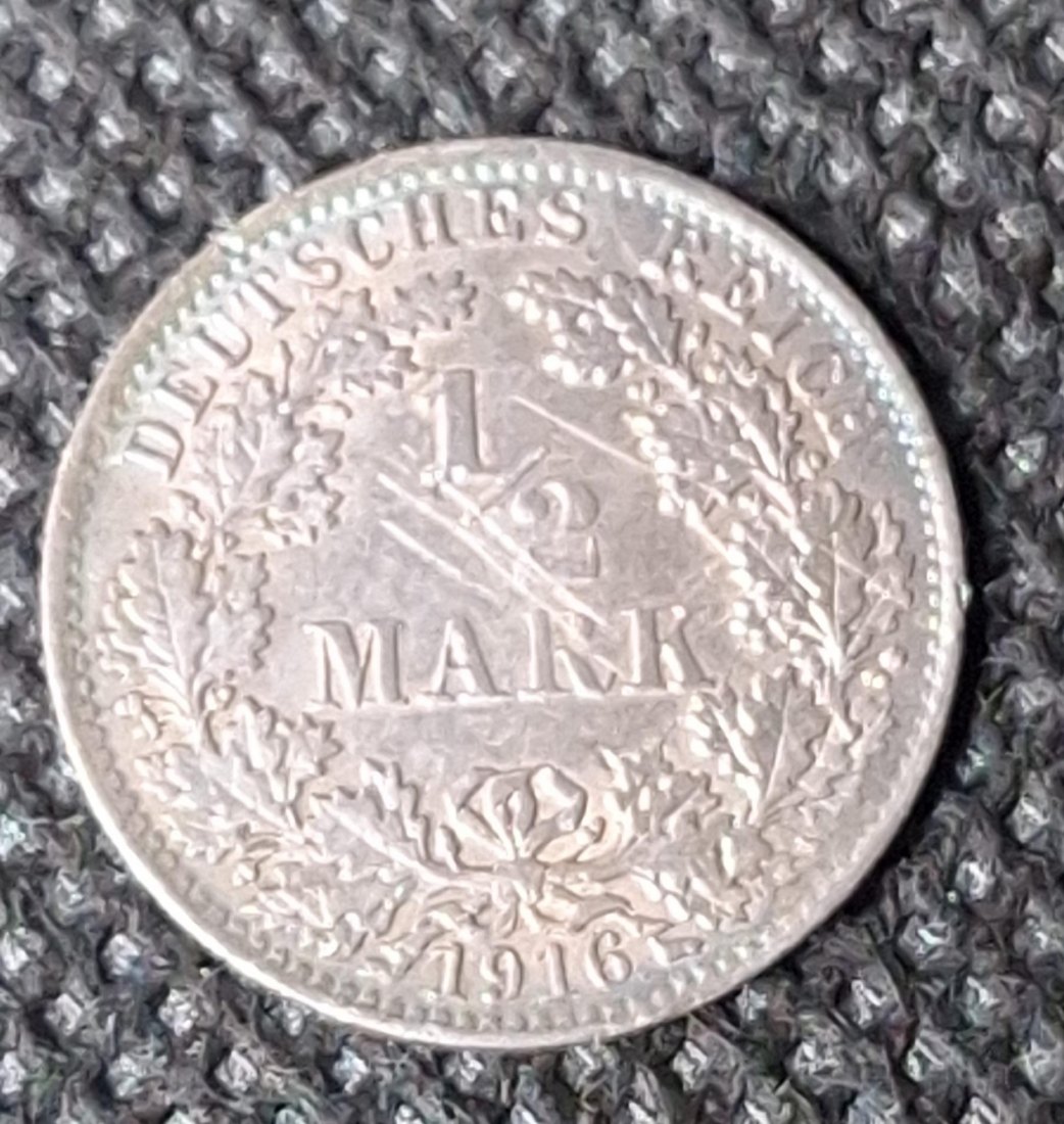  SILBER Kaiserreich 1/2 Mark 1916 A, 900er Silber, Feingewicht 2,5 Gramm   