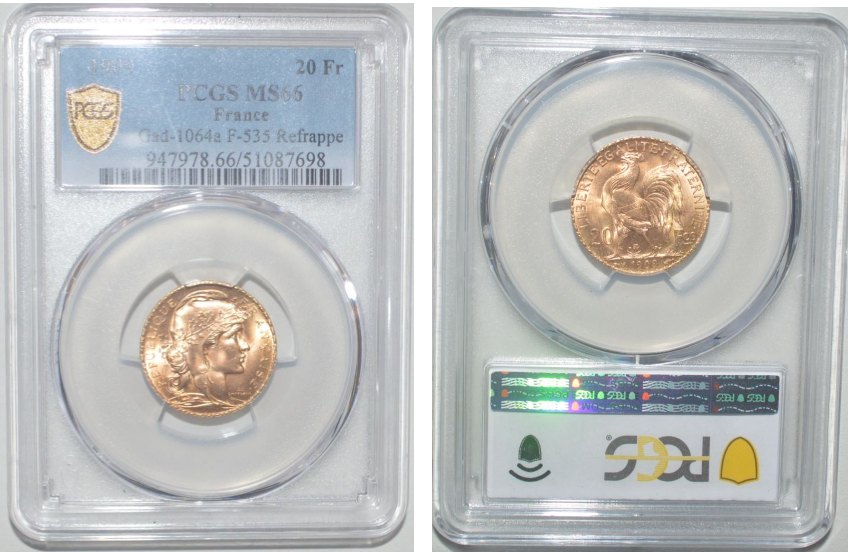  -Kirofa - FRANKREICH 20 GOLD FRANCS - MARIANNE 1909 - PCGS MS 66 - Gold 90% -   