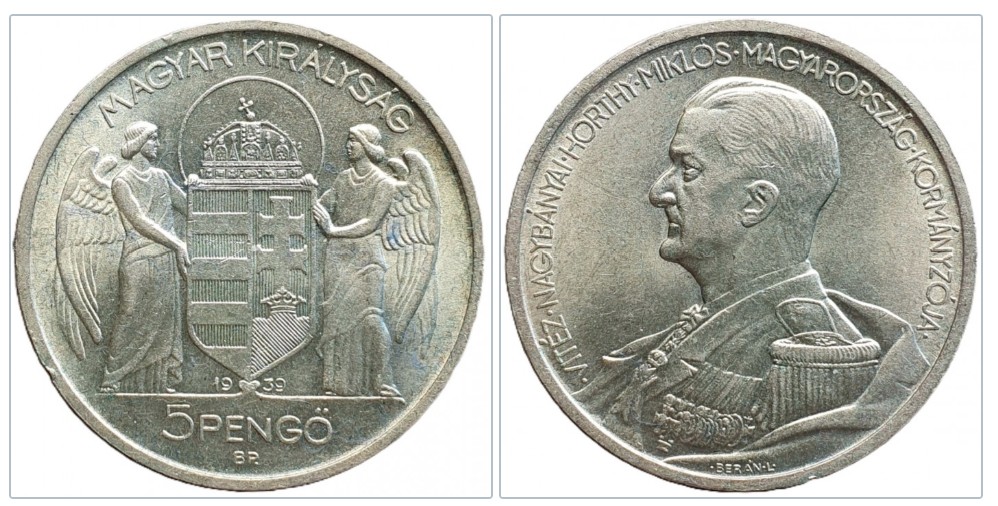  Ungarn 5 Pengö, 1939 Admiral Miklós Horthy Silber Ag 16g fein - Zustand!   