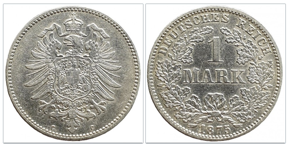  Kaiserreich 1 Mark Reichsmark 1875 C Deutsches Reich kleiner Reichsadler Silber Münze   