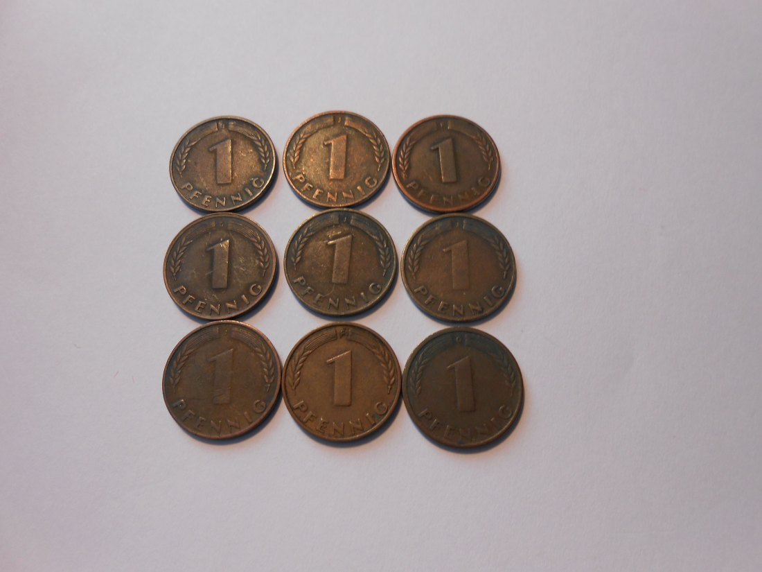 C42.°° Bank deutscher Länder, 9er Lot, 1 Pfennig 1949 F F G G J J J J J
