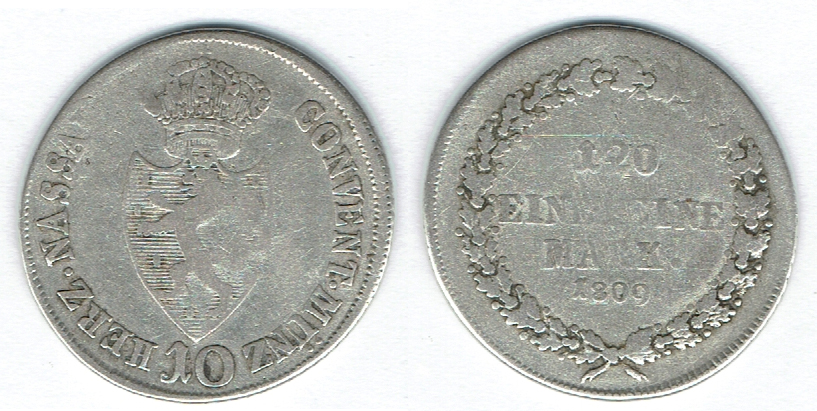 SZAIVERT ALTDEUTSCHLAND NASSAU HERZOGTUM 10 KREUZER 1809 F. AUGUST UND F. WILHELM   