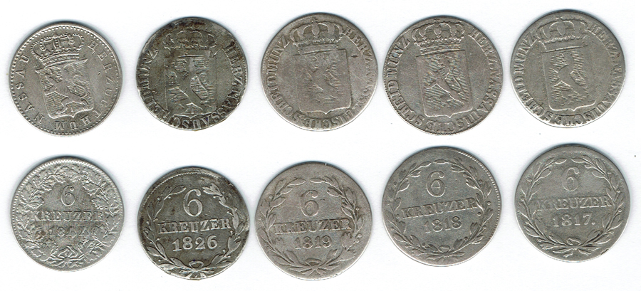 SZAIVERT ALTDEUTSCHLAND NASSAU HERZOGTUM LOT 5 STÜCK 6 KREUZER   