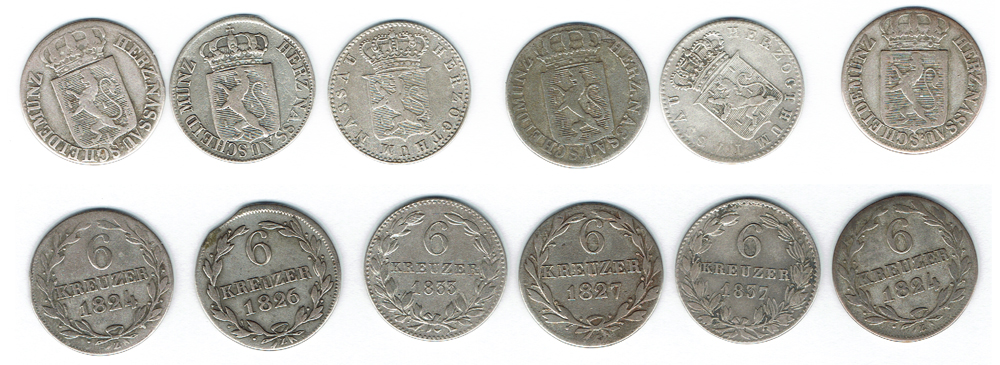  SZAIVERT ALTDEUTSCHLAND NASSAU HERZOGTUM LOT 6 STÜCK 6 KREUZER   