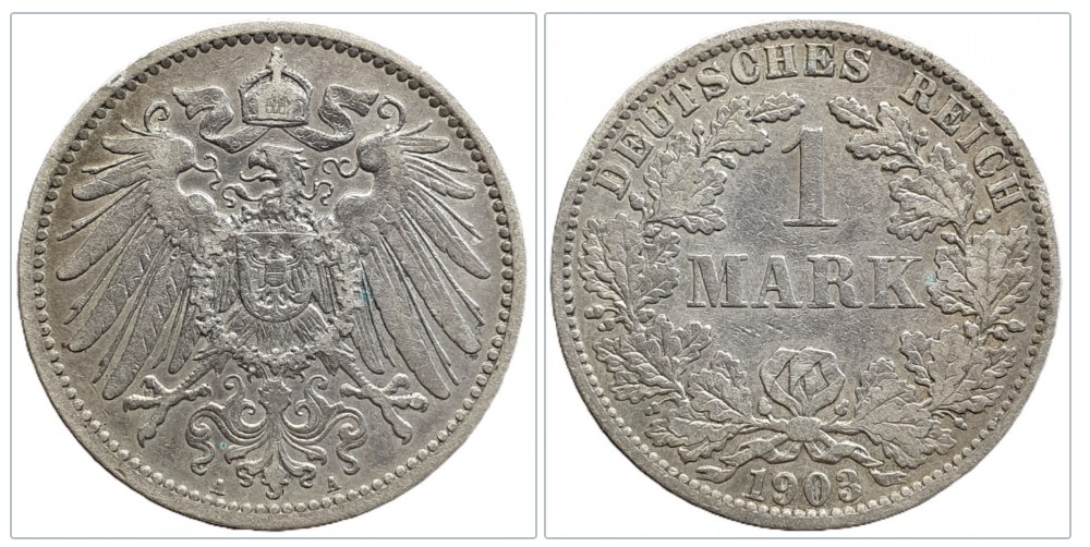  1 Mark Stück 1903 A Deutsches Reich Reichsadler alte Silber Münze Kaiserreich   