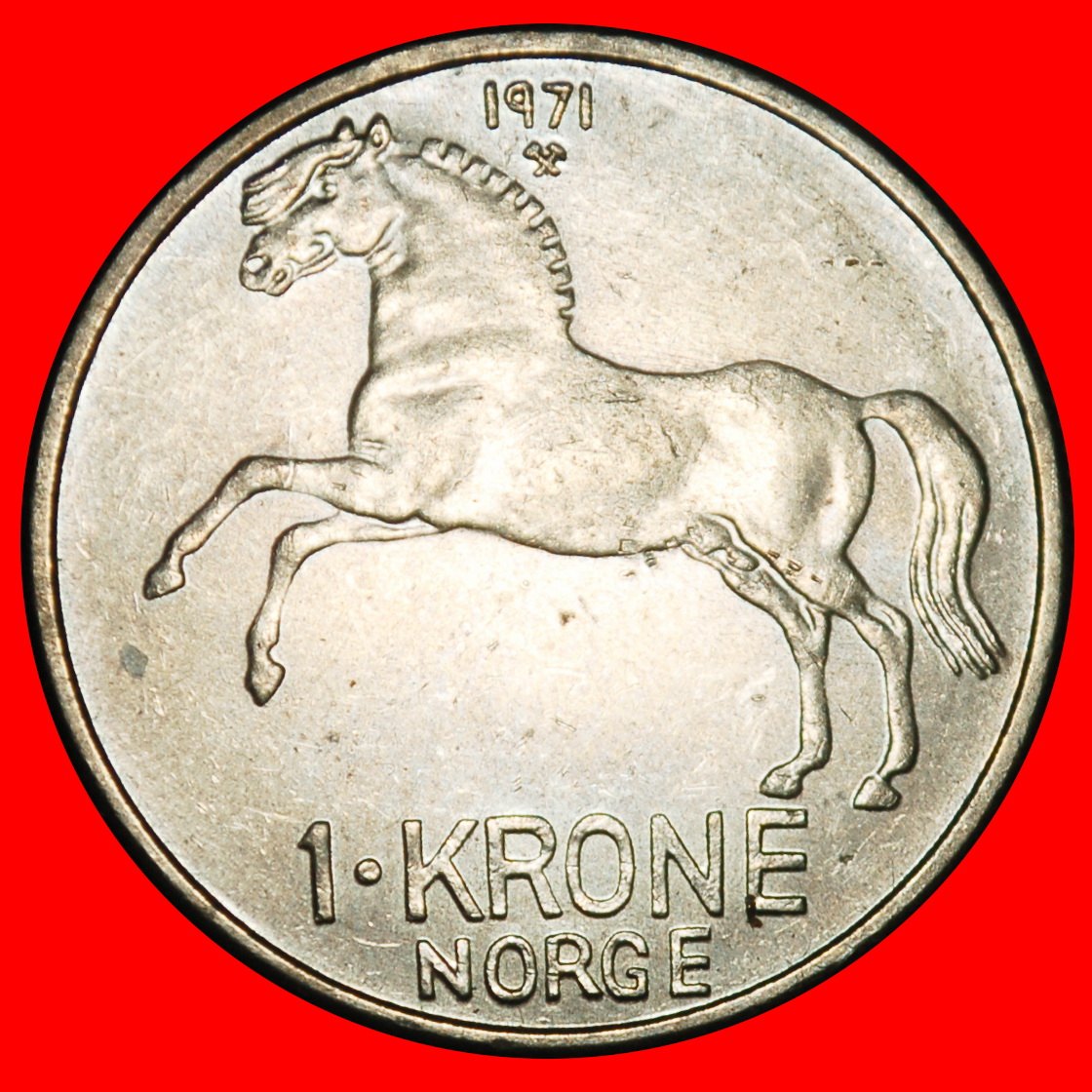 Ⰺ HORSE (1958-1973): NORWAY ★ 1 CROWN 1971 DIE II! OLAV V (1957-1991) LUSTRE★LOW START ★ NO RESERVE!