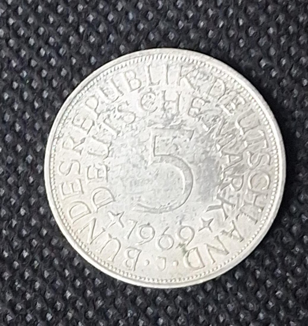  Silber BRD, 5 DM Kursmünze 1969 J, Feingewicht 7 Gramm   