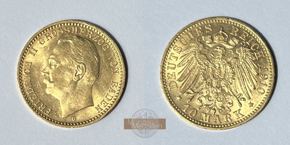 Dt. Kaiserreich, Baden 10 Mark MM-Frankfurt  Feingold: 3,59g Friedrich II. 1907-1918 1910 G 