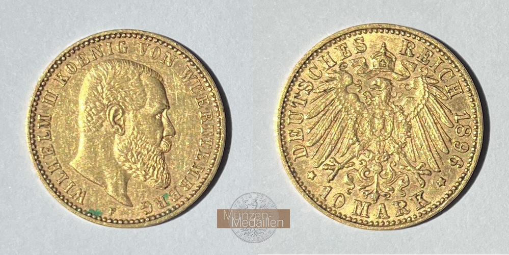 Deutsches Kaiserreich. Wuerttemberg MM-Frankfurt Feingold: 3,58g Wilhelm II. 1891-1918. 10 Mark 1896 F 