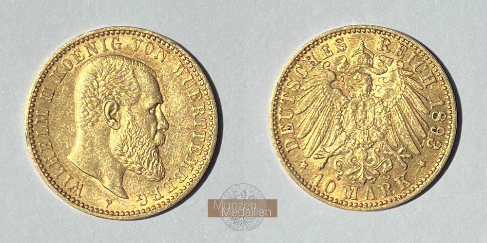 Deutsches Kaiserreich. Wuerttemberg MM-Frankfurt Feingold: 3,58g Wilhelm II. 1891-1918. 10 Mark 1893 F 