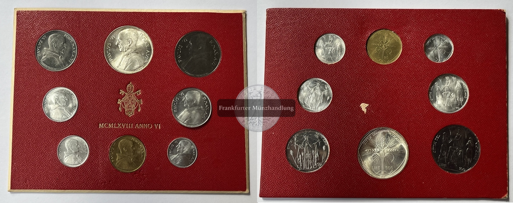  Vatikan Kursmünzensatz 1 - 500 Lire MCMLXVIII Anno VI Paul VI. FM-Frankfurt Feinsilber: 9,18g   