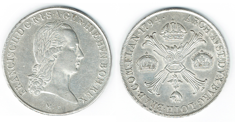  SZAIVERT RDR HABSBURG LOTHRINGEN NIEDERLANDE FRANZ II. KRONENTALER 1794 M MAILAND   