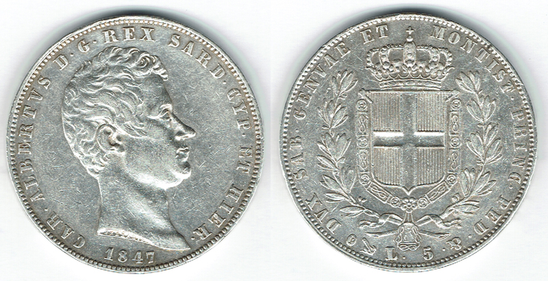  SZAIVERT EUROPA ITALIEN KÖNIGREICH SARDINIEN KARL ALBERT 5 LIRE 1847 GENUA   