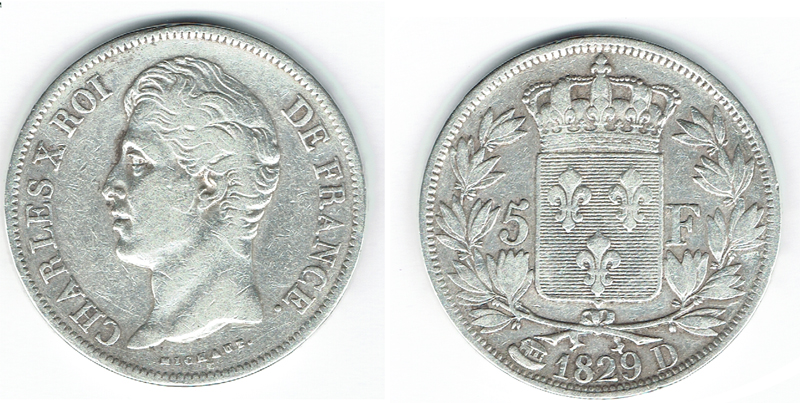  SZAIVERT EUROPA FRANKREICH CHARLES X 5 FRANC 1829 D LYON   