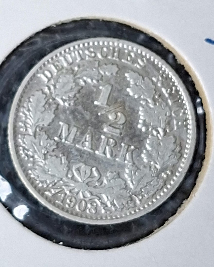  Silber, Kaiserreich J. 16, 1/2 Mark 1908 J, guter Jahrgang, Feingewicht 2,5 Gramm   