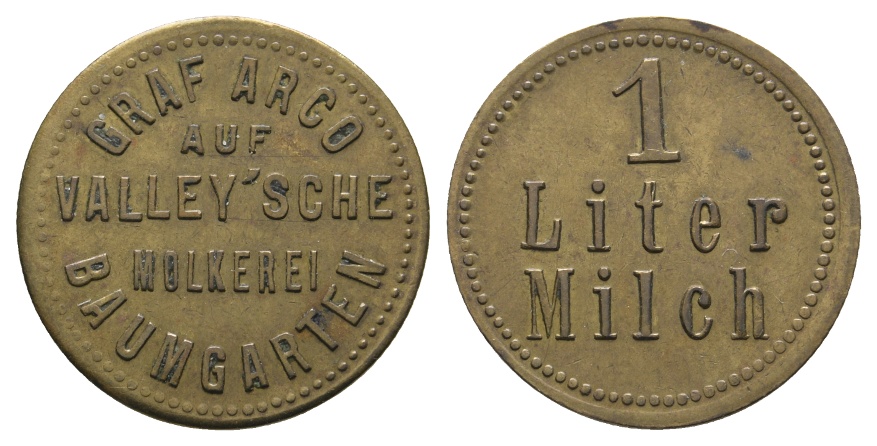  Bayern; Baumgarten; Graf Arco Baumgarten - auf Valley'sche Molkerei; 1 Liter Milch; Menzel -   