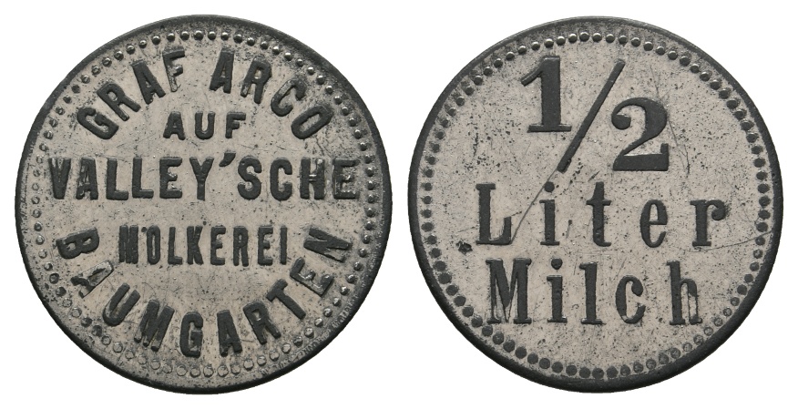  Bayern; Baumgarten; Graf Arco Baumgarten - auf Valley'sche Molkerei; 1/2 Liter Milch; Menzel -   