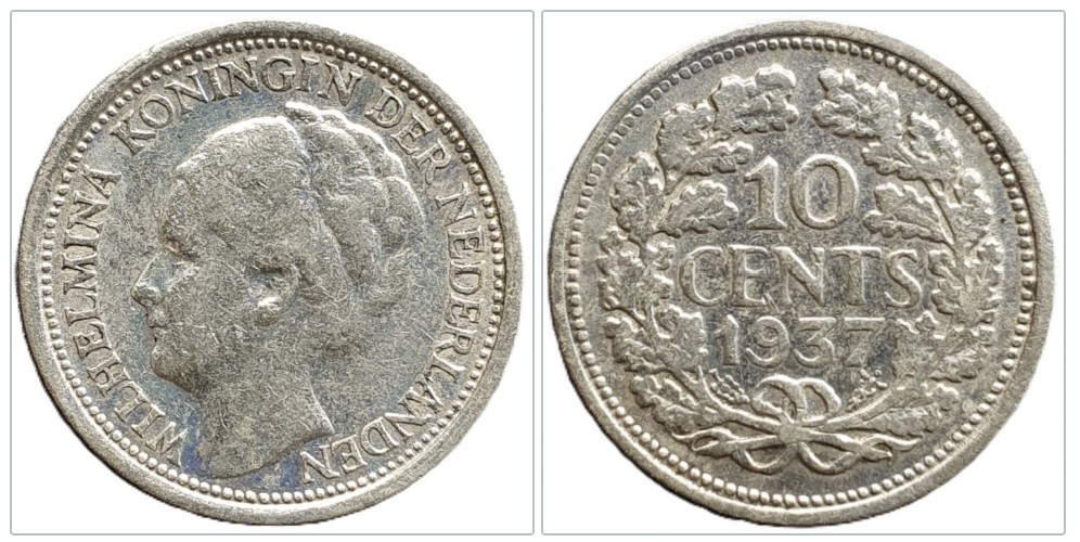  Niederlande 10 Cent, 1937 Silber 0,896g fein   