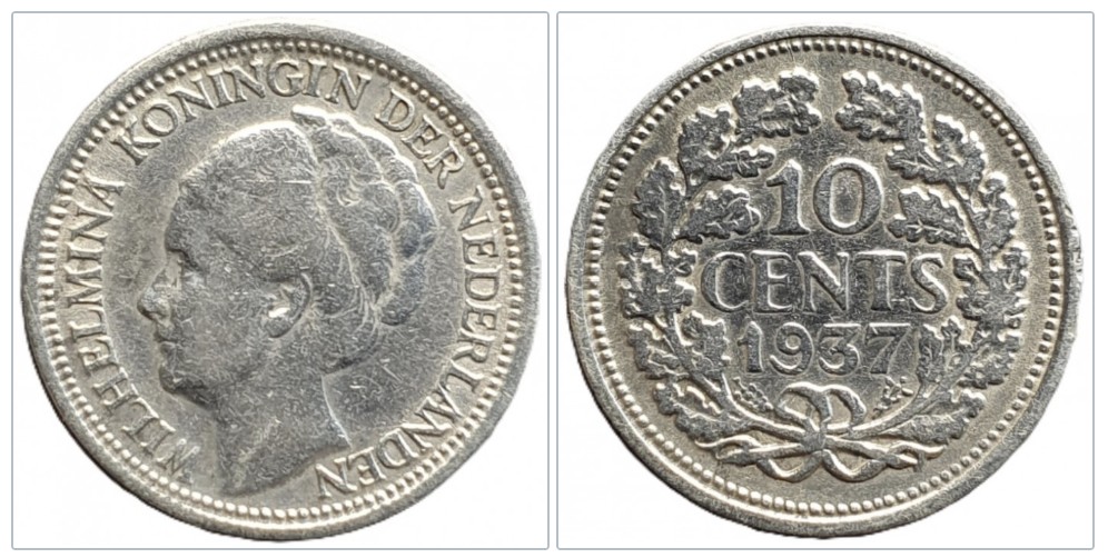  Niederlande 10 Cent, 1937 Silber 0,896g fein   