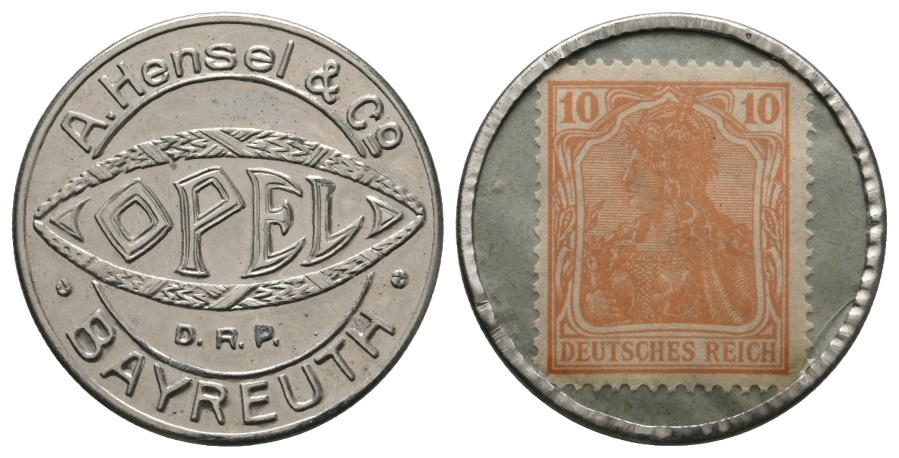  Bayern; Bayreuth, 10 Pfennig o.J. OPEL-A. Hensel & Co./Briefmarkenkapselgeld   