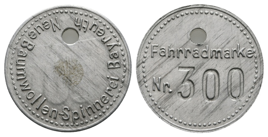  Bayern; Bayreuth; Neue Baumwollen-Spinnerei Bayreuth; Fahrradmarke nr. 300; Alu; gelocht; Menzel -   