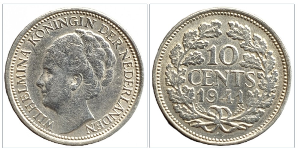  Niederlande 10 Cent, 1941 Silber 0,896g fein   
