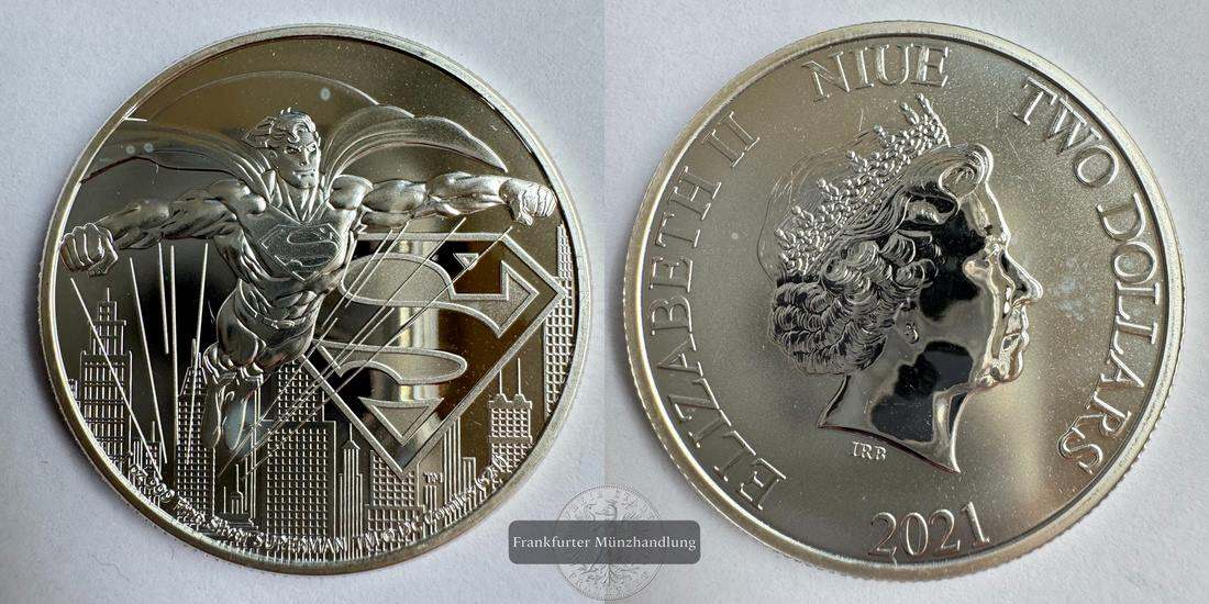  Niue 2 Dollars Elizabeth II (Superman) 2021 FM-Frankfurt KM#4227 Feinsilber: 31,1g   