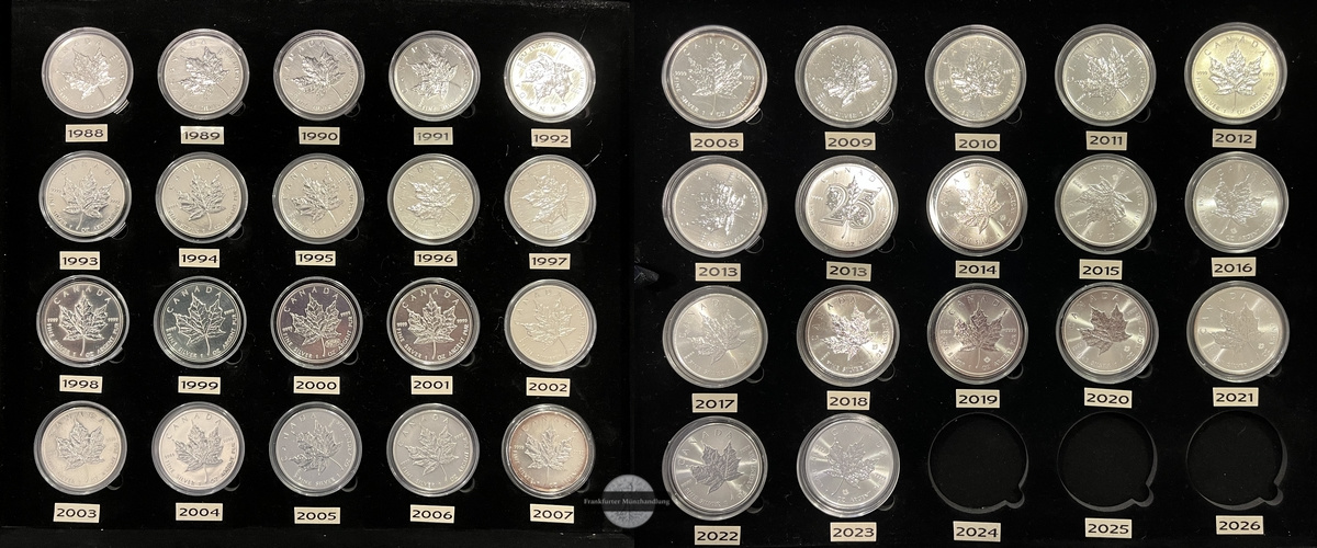  Kanada 37x5 Dollar Maple Leaf Münzen LOT 1988-2023 FM-Frankfurt Feinsilber: 1150g   
