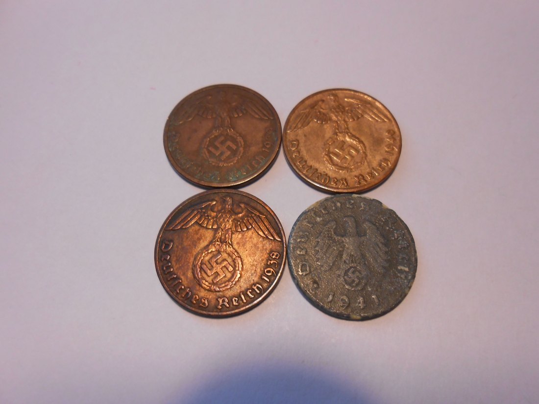  C50.°° Drittes Reich, 4er Lot, 1 Reichspf. 1938J + 1939A + 1940J + 1941J   