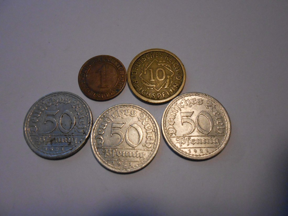  C52.°° Weimarer Republik, 5er Lot, 1 RPf.1935D / 10 RPf.1925F / 50 RPf. 1921A   