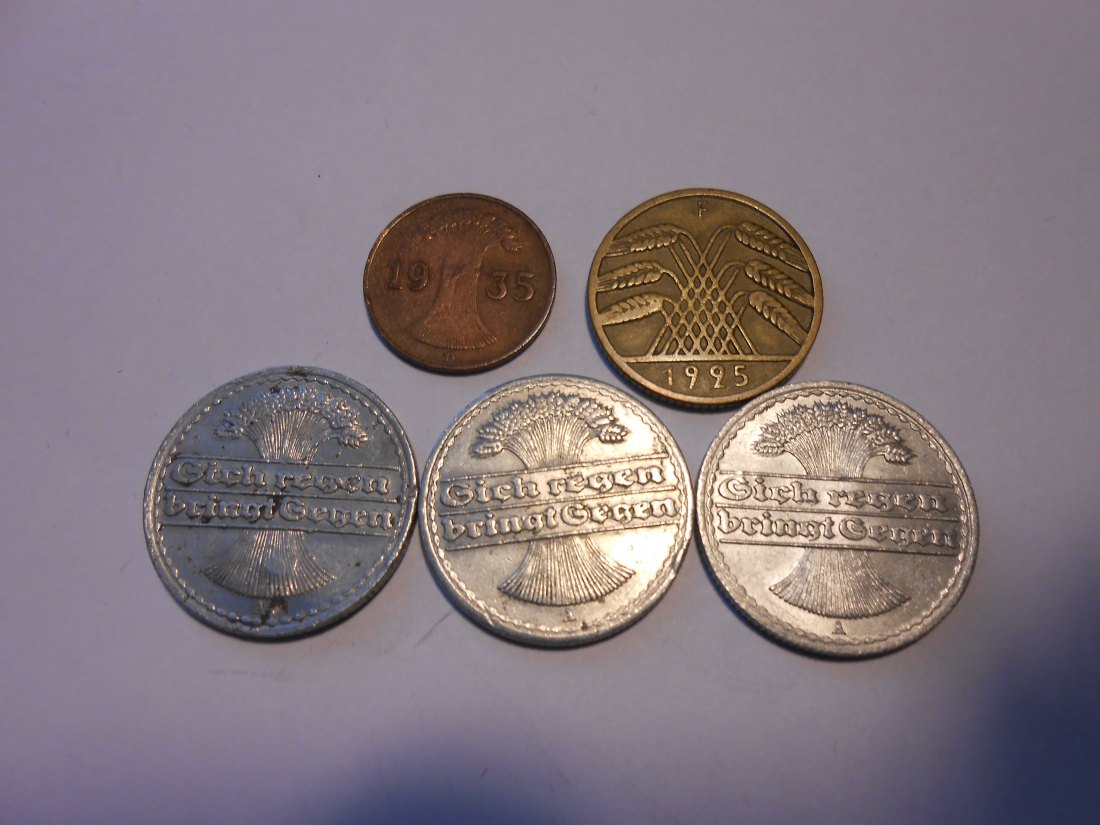  C52.°° Weimarer Republik, 5er Lot, 1 RPf.1935D / 10 RPf.1925F / 50 RPf. 1921A   