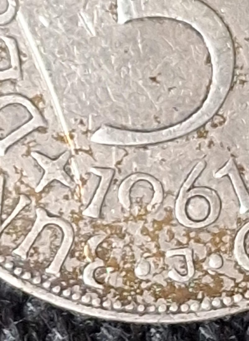  Silber, Fehlprägung BRD 5 DM, J. 387, Kursmünze 1961 J: die 9 in 1961 ist schwach geprägt   