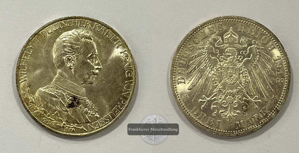  Dt. Kaiserreich 3 Mark Wilhelm II Preußen 1913 Uniform A FM-Frankfurt KM#535 Feinsilber: 15g   