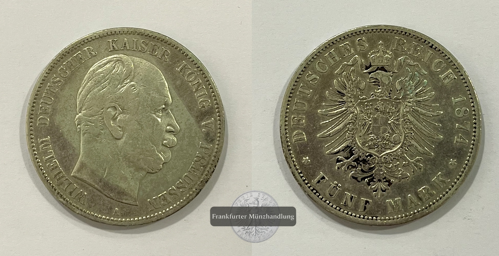  Deutschland 5 Mark 1874 A Kaiser Wilhelm I FM-Frankfurt KM#503 Feinsilber: 24,93g   