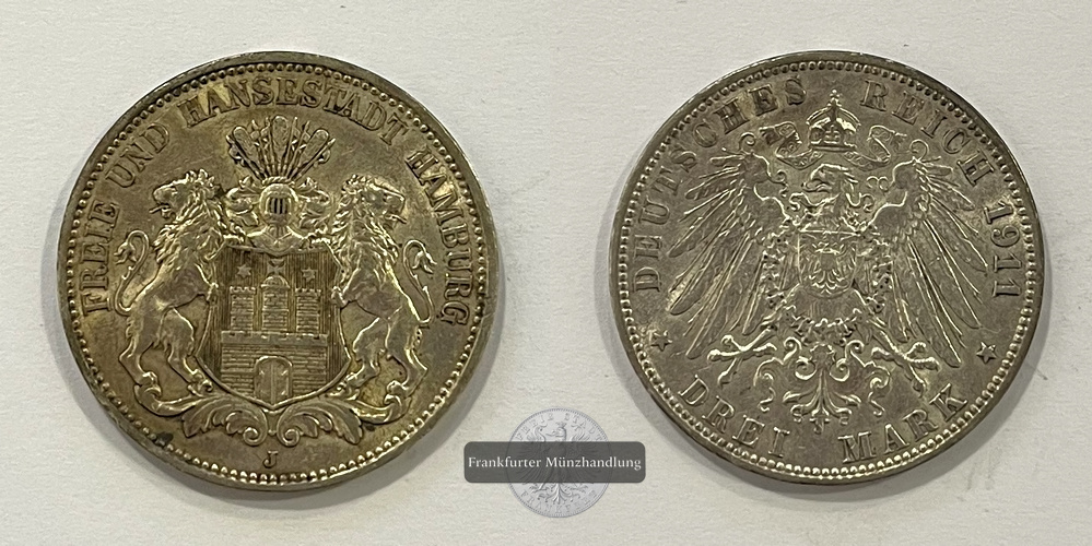  Dt. Kaiserreich Hansestadt Hamburg 3 Mark 1911 J FM-Frankfurt KM#620 Feinsilber: 15g   