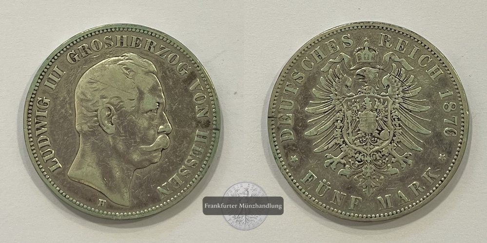  Deutsches Kaiserreich Hessen 5 Mark 1876 H Ludwig III. FM-Frankfurt KM#353 Feinsilber: 24,9g   