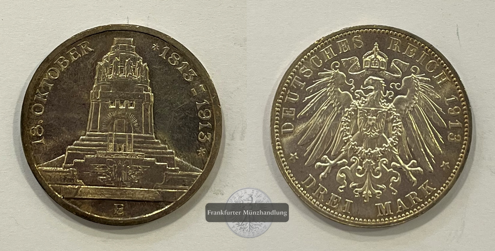 Sachsen 3 Mark 1913 Völkerschlachtdenkmal Frederick August III (1904-1918) KM#1275 Feinsilber: 15g   