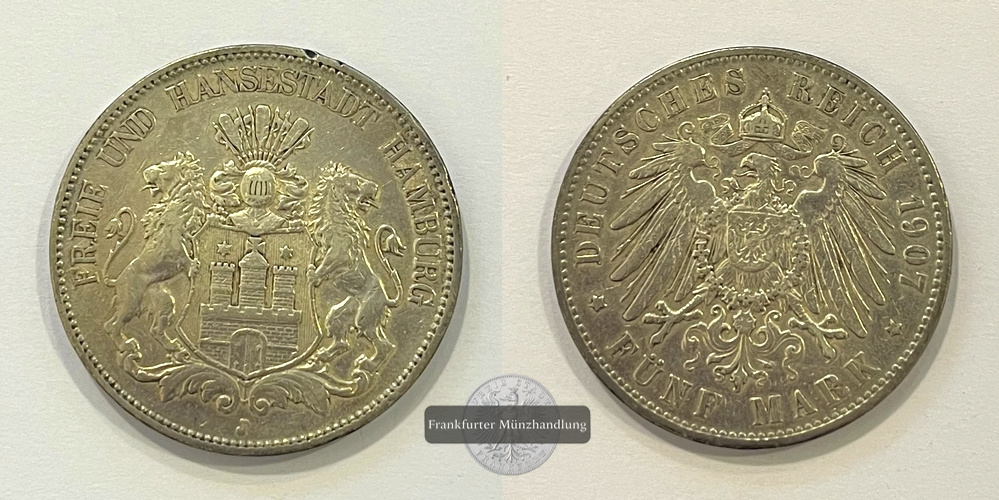  Deutschland Kaiserreich Hansestadt Hamburg 5 Mark 1907 FM-Frankfurt Feinsilber: 24,93g   