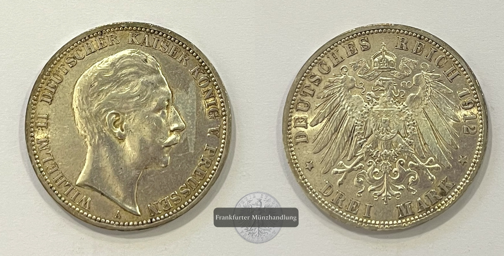  Dt. Kaiserreich, Preussen 3 Mark 1912 'A' Wilhelm II FM-Frankfurt KM#527 Feinsilber: 15g   